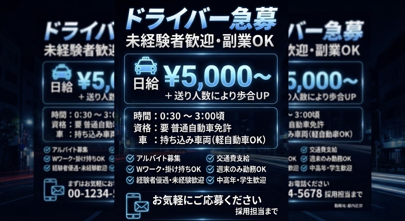 未経験・短時間業務／営業後の送りドライバー🚘日給5,000円〜 日払いOK・Wワーク大歓迎‼️